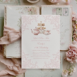 Pink Chinoiserie Tea Party Birthday Invitation (Editable Template)