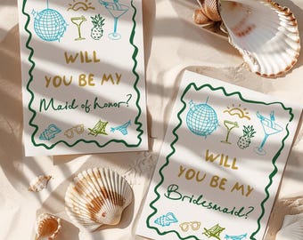 Summer Bridesmaid proposal card Template, Tropical Beach, Illustrated Hand drawn bridesmaid card