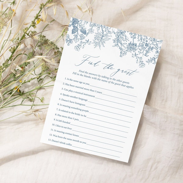 Toile bridal shower Find the guest game, Dusty blue Chinoiserie Bridal shower Something blue Wedding shower game