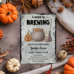 Halloween baby shower invitation A baby is brewing invite Boy Girl gender neutral Spooky baby shower invite