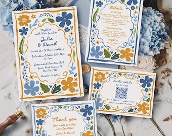 May include: A wedding stationery set featuring a main invitation, details card, RSVP card with a QR code, and a thank you card. Each white card has a hand-drawn border of blue and mustard yellow flowers and green leaves, with blue text.