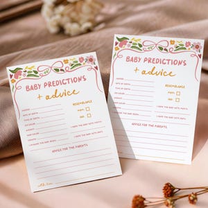 Carte prédictions et conseils pour bébé, jeux de baby shower pour filles PGO, décoration florale rose orange vert, carte de prédictions florales pour bébé