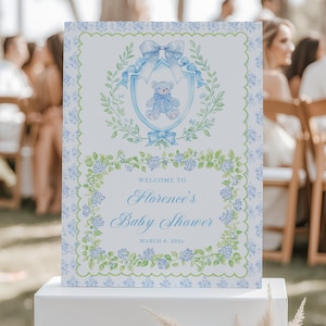 Editable Welcome sign Boy Baby shower sign Green blue Floral Baby shower decor Boy Pastel Vintage Grandmillennial Teddy bear Welcome sign