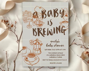 Coffee Baby Shower Invitation Cafe Bebe Theme, Editable Template, Brewing Brunch Party