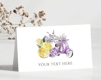 Citrus lemons place cards Lemon baby shower or bridal shower Buffet cards Food label template, Purple floral lavender party decor Name cards