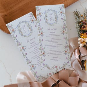 Floral Wedding Menu Template, Pink Purple Watercolor Wildflower Shower Table Decor
