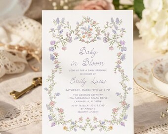 Vintage Wildflower Baby in Bloom Sprinkle Invitation, Pink Purple Floral Garden Party Invite