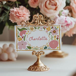 Cartões de nome florais rosa, cartões de lugar de casamento coloridos, etiquetas de comida de chá de panela com flores desenhadas à mão, cartões de buffet, cartões de lugar de chá de bebê