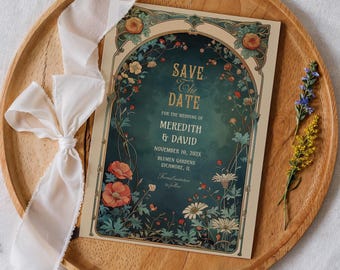 Art Nouveau Save the Date Card: Green Floral Botanical, Fantasy Garden Wedding Invite