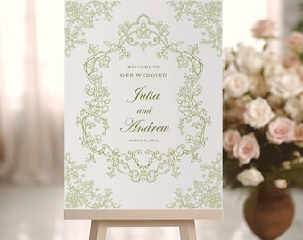 Green wedding Welcome Sign Floral vintage Baroque frame Chinoiserie welcome sign Classic wedding decor