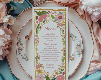 Colorful Floral Wedding Menu Card: Hand-drawn Green Orange Pink Wildflower Bridal Shower Decor