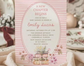 Storybook Baby Shower Invitation New Chapter Begins, Pink Stripes Wildflower Book