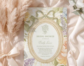 Plantilla de invitación para despedida de soltera con lazo floral vintage, editable, para fiesta en el jardín, estilo coqueta y pastel.