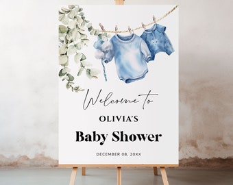 Boy Baby shower Welcome Sign template Blue clothesline welcome poster, Boho nursery shower sign, greenery boy baby clothes shower decor