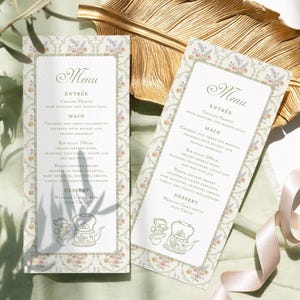 Teekarte Karte mit Blumen rosa grün floral Vintage High Tea Brautparty Menükarte, Teeparty Babyparty Menükarte, Nachmittagstee Party Geburtstagskarte Vorlage