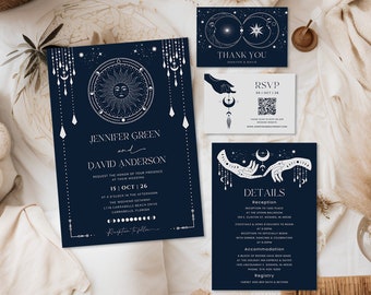 Tarot wedding invitation Sun moon wedding invite template Art deco wedding suite, Galaxy Stars Navy Celestial wedding invitation set