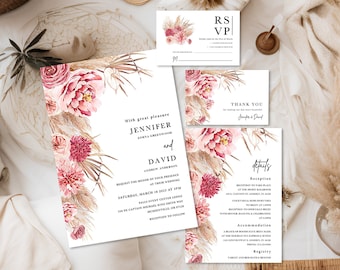 Pampas wedding invitation boho tropical wedding invite printable, Spring summer pink floral Beach wedding invitation suite