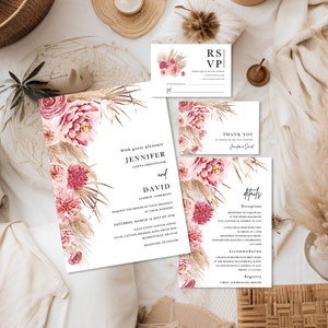 Pampas wedding invitation boho tropical wedding invite printable, Spring summer pink floral Beach wedding invitation suite image 1