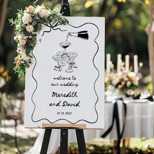 Handgezeichnetes Hochzeit-WILLKOMMENS-ZEICHEN Illustrierte handgeschriebene, wunderliche Bogenhochzeitsschild, modernes Champagner-Willkommensschild-Hochzeitsdekor