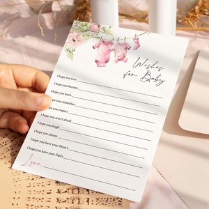 Tarjeta de deseos para bebé Juego de baby shower para niña Ropa de bebé rosa Deseos de baby shower para niña Imprimible