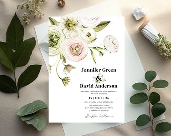 White floral wedding invitation boho wedding invitation template Spring summer garden wedding, Pink white flowers, peony wedding invite