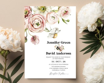 Pink Floral wedding invitation spring summer wedding invite template, Pink roses, Modern boho garden wedding invite