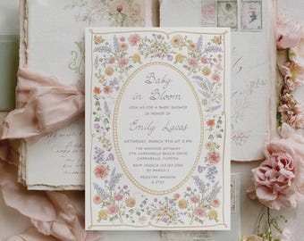 Floral Baby in Bloom Baby Shower Invitation: Vintage Wildflower Spring Summer Garden Party Template