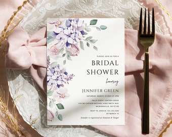 Purple floral bridal shower invitation pink lavender bridal shower invite printable hydrangea boho bridal shower invitation