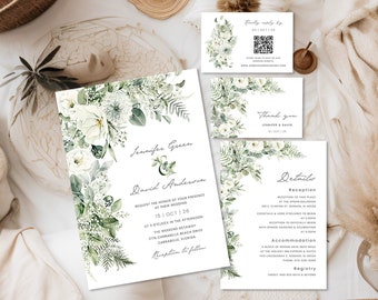 Winter Greenery wedding invitation template Sage Green eucalyptus invitation suite, Boho White floral wedding invite