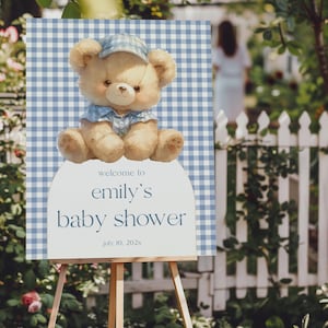 Teddy bear Baby shower Welcome sign Boy baby sprinkle welcome sign, Blue gingham baby shower sign decoration, garden Baby brunch decor