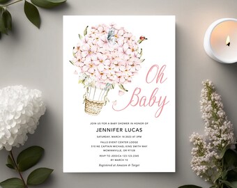 Hot air balloon baby shower invitation Girl Butterfly invitation template, Pastel Pink floral baby shower invite spring