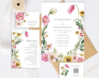 Boho Floral wedding invitation suite Garden flowers wedding invite template, 2024 spring summer wildflower wedding invitation