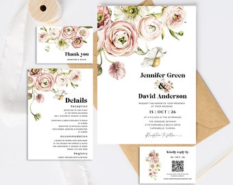 Pink Floral wedding invitation suite Boho wedding invite template Roses peony botanical Spring summer wedding