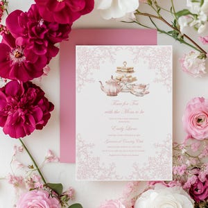 Pink Tea party invitation girl baby sprinkle invite, Vintage french toile High tea invite floral Chinoiserie tea with mom, Baby sprinkle tea