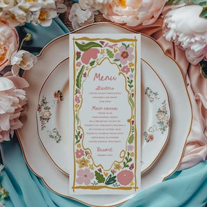 Carte de menu floral Menu de mariage rose vert, menu de douche nuptiale coloré, décoration de shower de bébé fleurs sauvages dessinées à la main, menu de dîner d'anniversaire d'été
