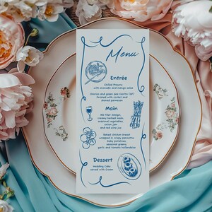 Carte de menu bleue, menu de mariage nautique, décoration de table d'été, carte de menu pour dîner d'anniversaire, dîner de répétition, menu de douche nuptiale dessiné main