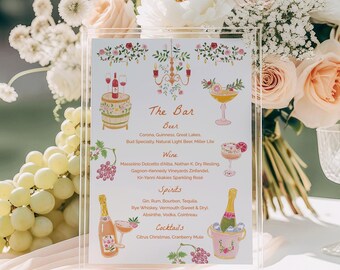 Letrero de bar de bebidas para bodas, menú de bebidas dibujado a mano en acuarela, decoración rústica para mesa de jardín en tonos pastel.