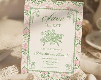 Pink and Green Floral Save the Date Template: French Botanical Grandmillennial Digital Printable