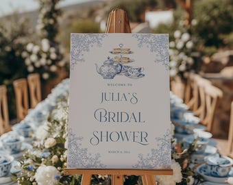 Dusty Blue Bridal Shower Welcome Sign: Chinoiserie Tea Party Decor (Digital Download, 18x24in, 24x36in