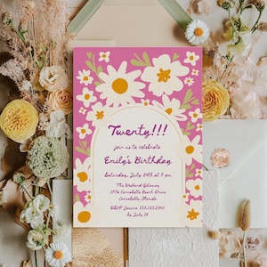 Garden birthday party invitation Hand drawn floral birthday invite, Pink Girl birthday invite, Handwritten whimsical wildflower birthday