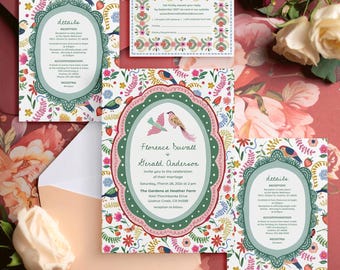 May include: A collection of wedding stationery featuring floral and bird designs. The invitation includes the names Florence Duvall and Gerald Anderson. Other cards include details, accommodation, and thank you notes. The color palette includes pink, green, and white.