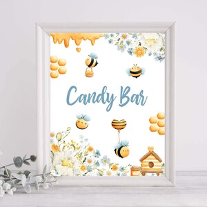 Candy bar Sign Bee baby shower decor, Honeycomb Daisy blue floral Boy baby shower decoration, Boy Sweet as can BEE party table sign