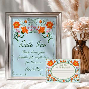 Tarjeta y letrero con idea para una cita nocturna con diseño floral. Frasco para citas Love in bloom. Letrero. Azul, naranja, rosa. Flores coloridas. Verano. Despedida de soltera. Juego. Tarjetas para una cita nocturna.