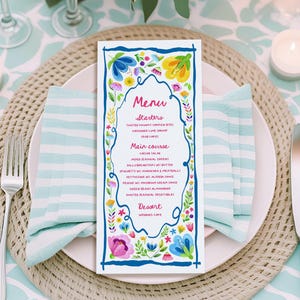 Karta menu Fiesta Ręcznie rysowane menu weselne Meksykańskie kwiatowe menu na wieczór panieński, kolacja Fiesta, przyjęcie urodzinowe, ręcznie pisane menu na kolację próbną