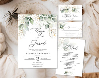 Greenery wedding invitation suite Modern gold green Eucalyptus wedding invite template