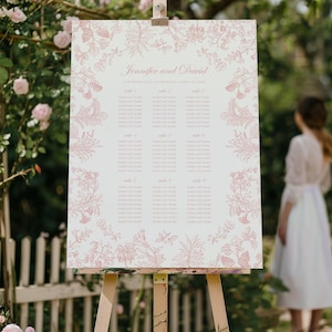 Roze chinoiserie-zitkaart bloemen vintage Toile bruiloft Tafelplattegrond Chinoiserie bruiloft gastenlijst zitplaatsen bord sjabloon