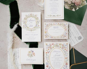 May include: A wedding stationery set featuring white cards with floral borders, including a Save the Date, RSVP card, and invitation for Florence and Gerald. The set includes dark green envelopes, a green velvet ribbon, and a small pair of scissors.