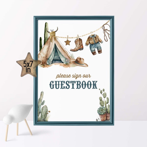 Cowboy baby shower guestbook sign Boy wild west shower decoration Western party decor Rodeo baby shower sign