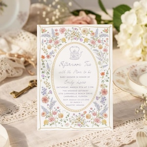Floral Tea Party-uitnodiging babyshower, vintage pastel wilde bloementuin-thema (bewerkbare sjabloon)
