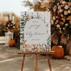 Woodland baby shower welcome sign Forest animals party decoration, Welcome poster template, Fall winter Woodsy Boy baby shower decor